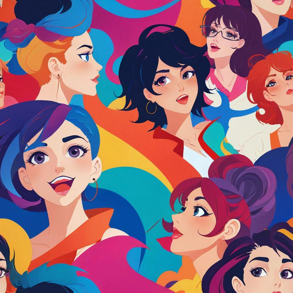 A collage showcasing the diversity of adult animation, featuring vibrant scenes from erotic series and hints of various hentai platforms. Include eye-catching character designs in bold, exaggerated styles, with an array of vibrant colors to demonstrate emotional expressions. Incorporate subtle references to different genres within adult animation, blending elements of both humor and sensuality. The background should be a dynamic swirl of colors representing the excitement of this spectrum. vector art. vibrant colors. bold outlines.