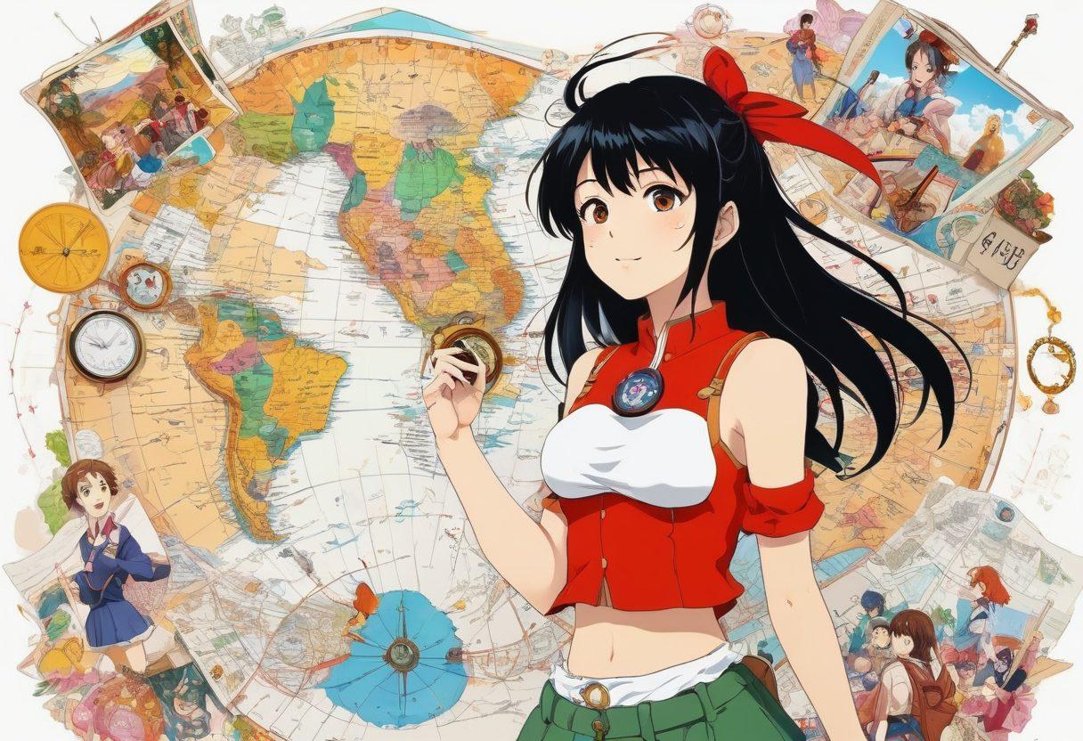 A whimsical and colorful anime-style scene depicting various characters from popular genres, including playful scenes of anime and hints of hentai elements, intertwined with elements of guidance like a map or compass. Bright and eye-catching aesthetics, blending humor and allure, inviting viewers to explore the world of anime entertainment safely. super-realistic. vibrant colors. white background.